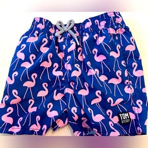 Tom & Teddy boys size 5-6 years flamingo print swim trunks; elastic waistband